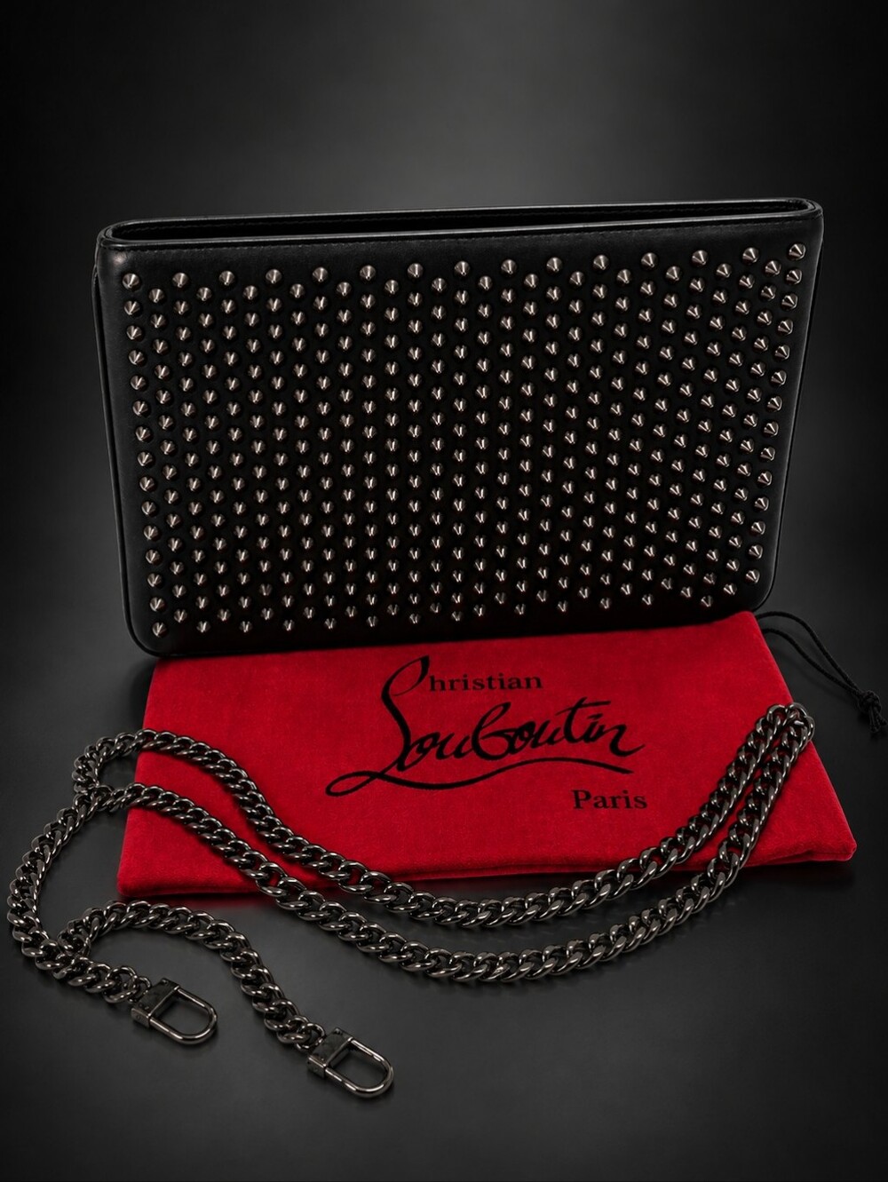 Christian Louboutin Black Spike Stud Leather Clutch Bag Dustbag + Chain